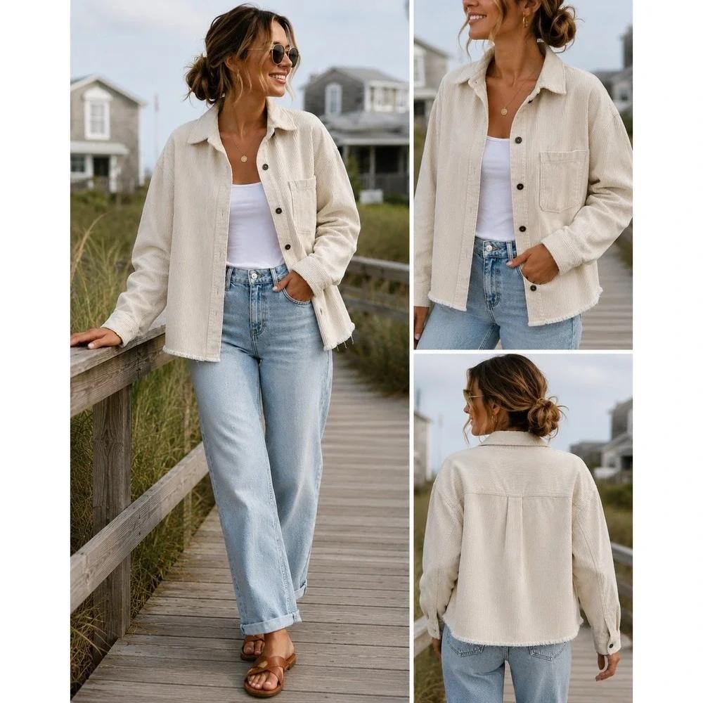 Zara Cream Corduroy Shacket Womens XS Oversized Cozy Fall Casual Jacket